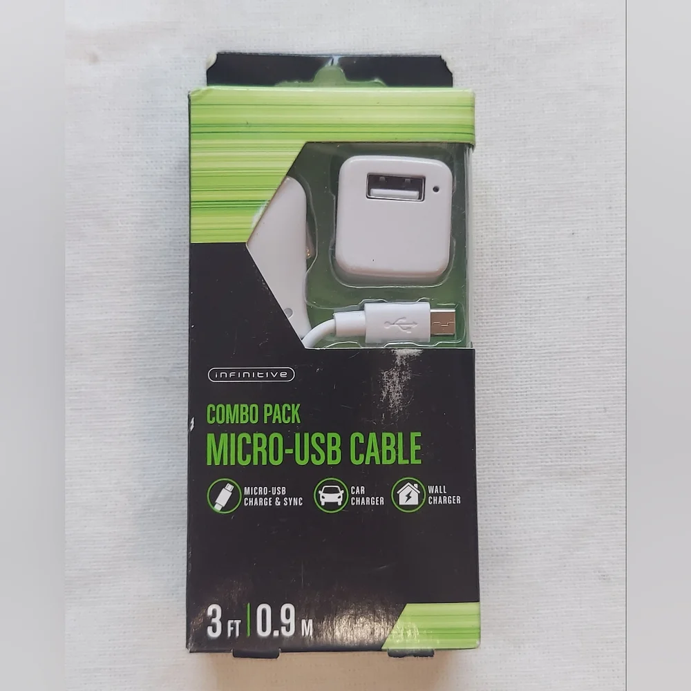 Combo Pack Micro USB Cable, Car Charger and Wall Charger New, Unused